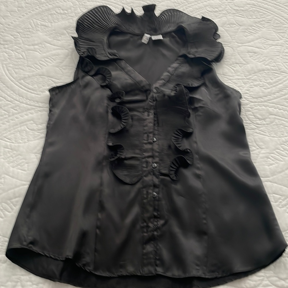 Black Satin Sleeveless V-Neck Ruffle Blouse Size S